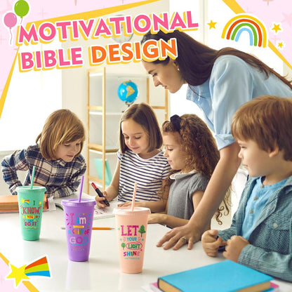 Uiifan 10 Pcs Christian Tumblers with Straws for Kids, Bible Verse Cups for VBS, Sunday School, Church Party Favors and Faith Gifts, Reusable Plastic Tumblers with Lids, 24 oz, White