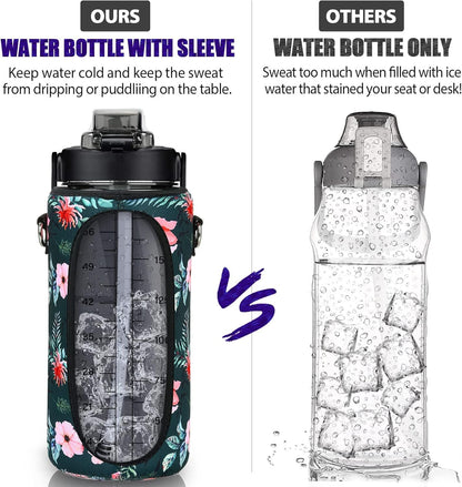 Half Gallon Water Bottle with Sleeve, 64OZ Motivational Water Bottle with Straw & Time Marker, BPA Free Leakproof Gym for Sport Workout