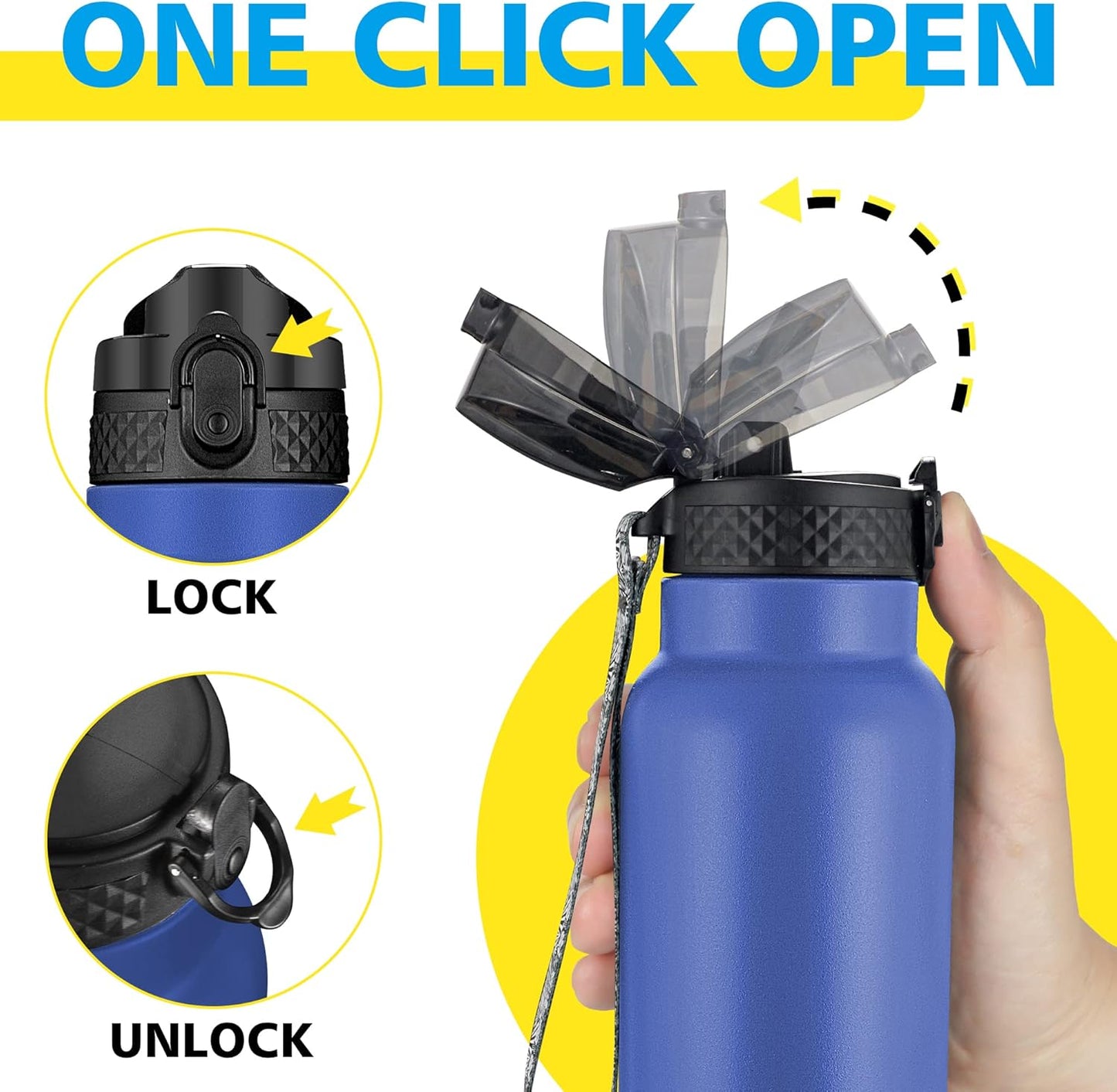 Han's Bottle Sports Water Bottle - 24 Oz, Straw Lid, Leak Proof, Vacuum Insulated Stainless Steel, Double Walled, Thermo Mug,Black