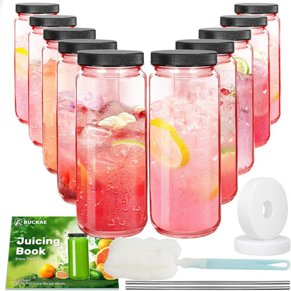 Ruckae 16oz 10 Pack Juice Bottles, Glass Bottles with Lids, Smoothie Cup Lids and Straws, Water Bottle Mason Jar Drinking Glasses for Juicing, Smoothies, Kombucha