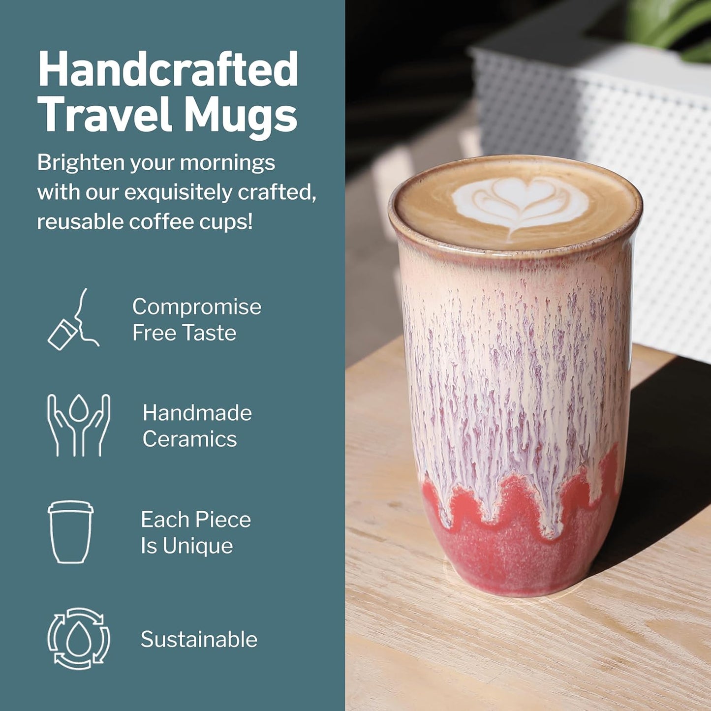 NOVA CERAMICS Coffee Tumbler – Travel Mug - On the Go Coffee Mug – Microwave & Dishwasher Safe Green Coffee Tumbler - Gifts For Women Men Him Her – 16oz – Monsoon