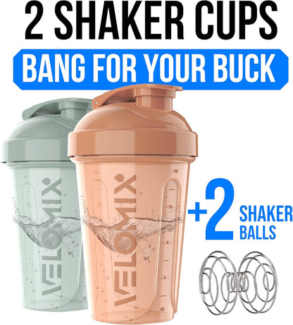VELOMIX -2 Pack- 20 oz Protein Shaker Bottles for Protein Mixes - 2x Wire Whisk | Leak Proof Shaker Cups for Protein Shakes and Pre Workout | Protein Shaker Bottle Pack (Black/Transparent)