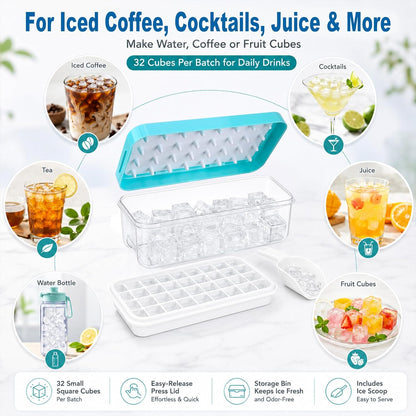 Ice Trays for Freezer with Lid & Bin, Ice Cube Tray Making 64 pcs Ice Cubes, Easy Press to Release Ice, Ice Tray with Storage Bin Chilling Cocktail Whiskey Coffee 2 Trays 1 Ice Bucket & Scoop (Black)