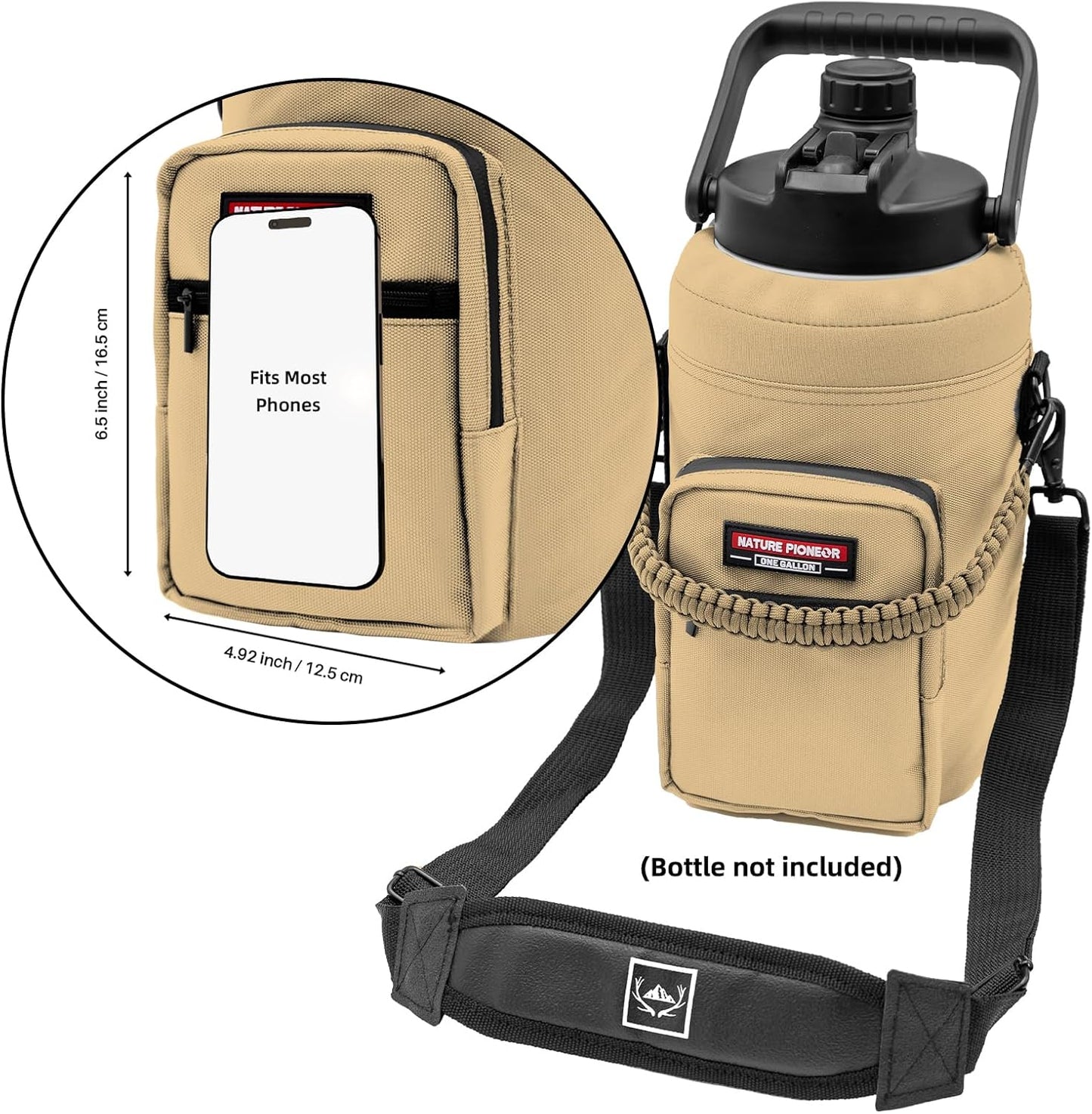 NATURE PIONEOR Water Bottle Holder with Adjustable Strap - Half/One Gallon (64/128oz) Insulated Water Bottle Sling Carrier with Phone Pocket & Paracord Handle, Outdoor Camping, Hiking, Gym
