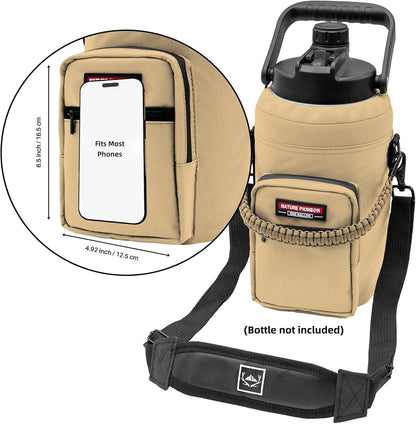 NATURE PIONEOR Water Bottle Holder with Adjustable Strap - Half/One Gallon (64/128oz) Insulated Water Bottle Sling Carrier with Phone Pocket & Paracord Handle, Outdoor Camping, Hiking, Gym