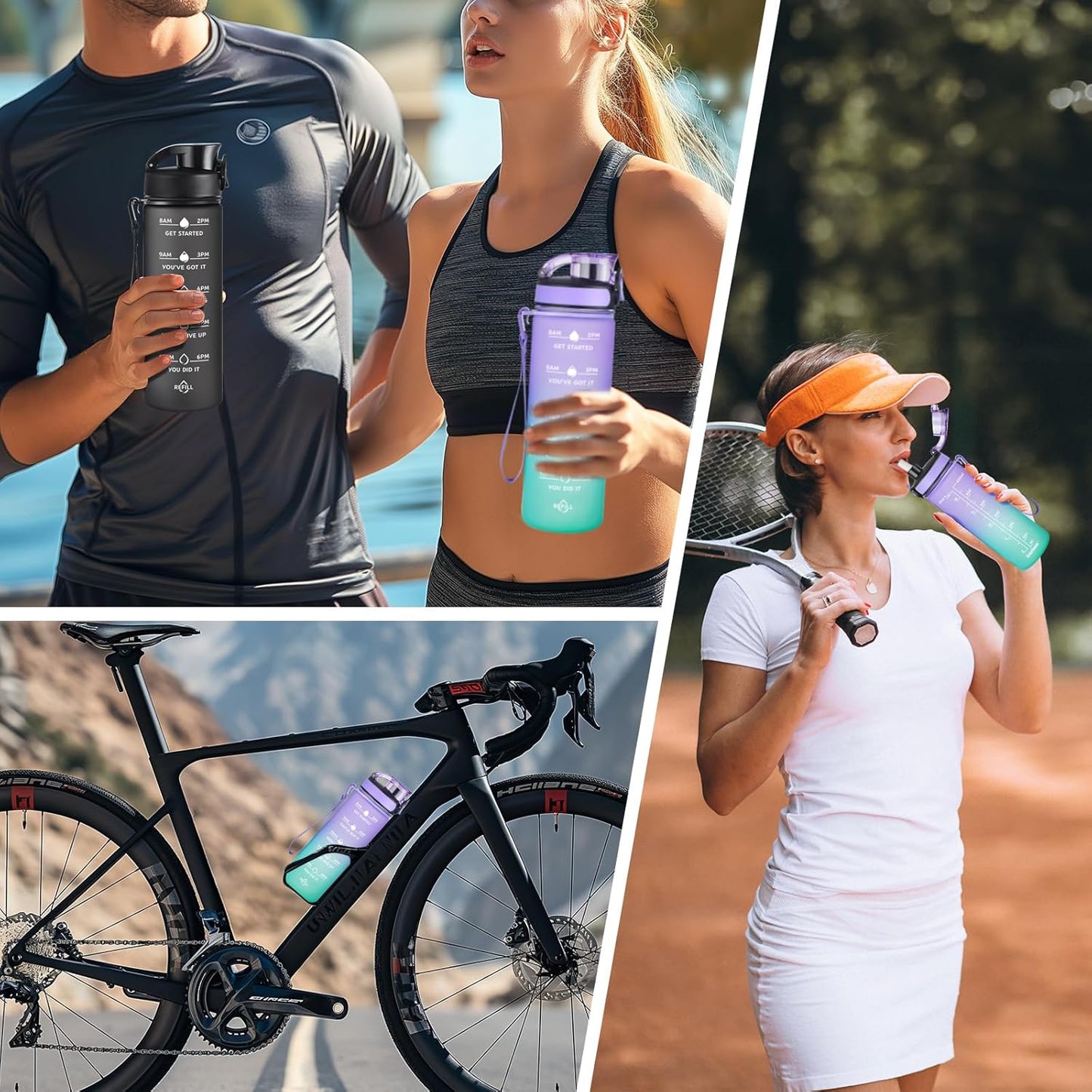 Enerbone Water Bottle, Leakproof BPA & Toxic Free, Motivational Water Bottle with Times to Drink and Straw, Fitness Sports Water Bottle with Strap for Office, Gym, Outdoor Sports