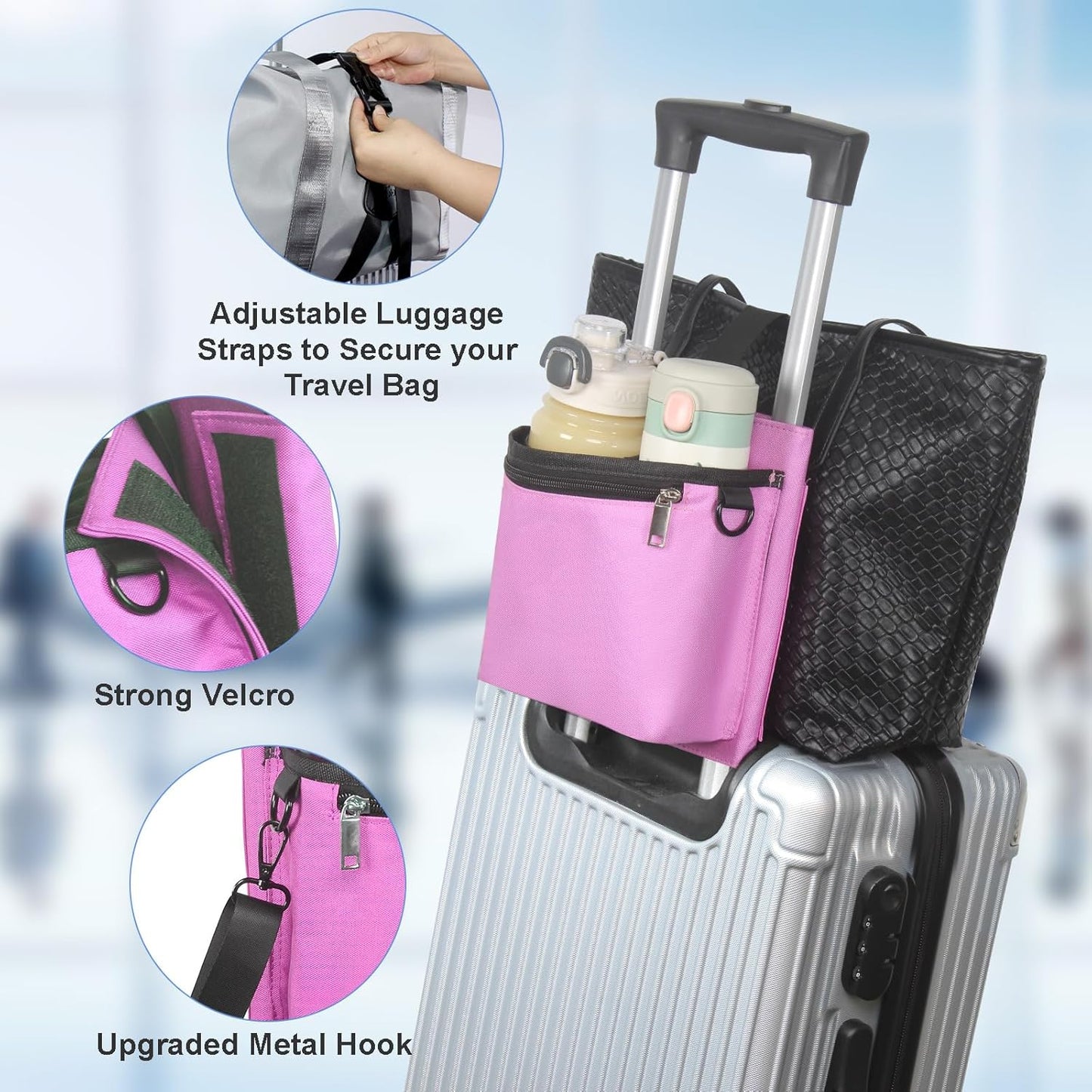 Luggage Travel Cup Holder with Luggage Straps Free Hand Drink Caddy Beverage Holder Travel Accessories Gift for Flight Attendants Businessmen Travelers Fits Roll on Suitcase Handles Black