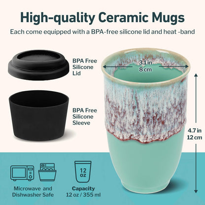 NOVA CERAMICS Coffee Tumbler – Travel Mug - On the Go Coffee Mug – Microwave & Dishwasher Safe Green Coffee Tumbler - Gifts For Women Men Him Her – 16oz – Monsoon