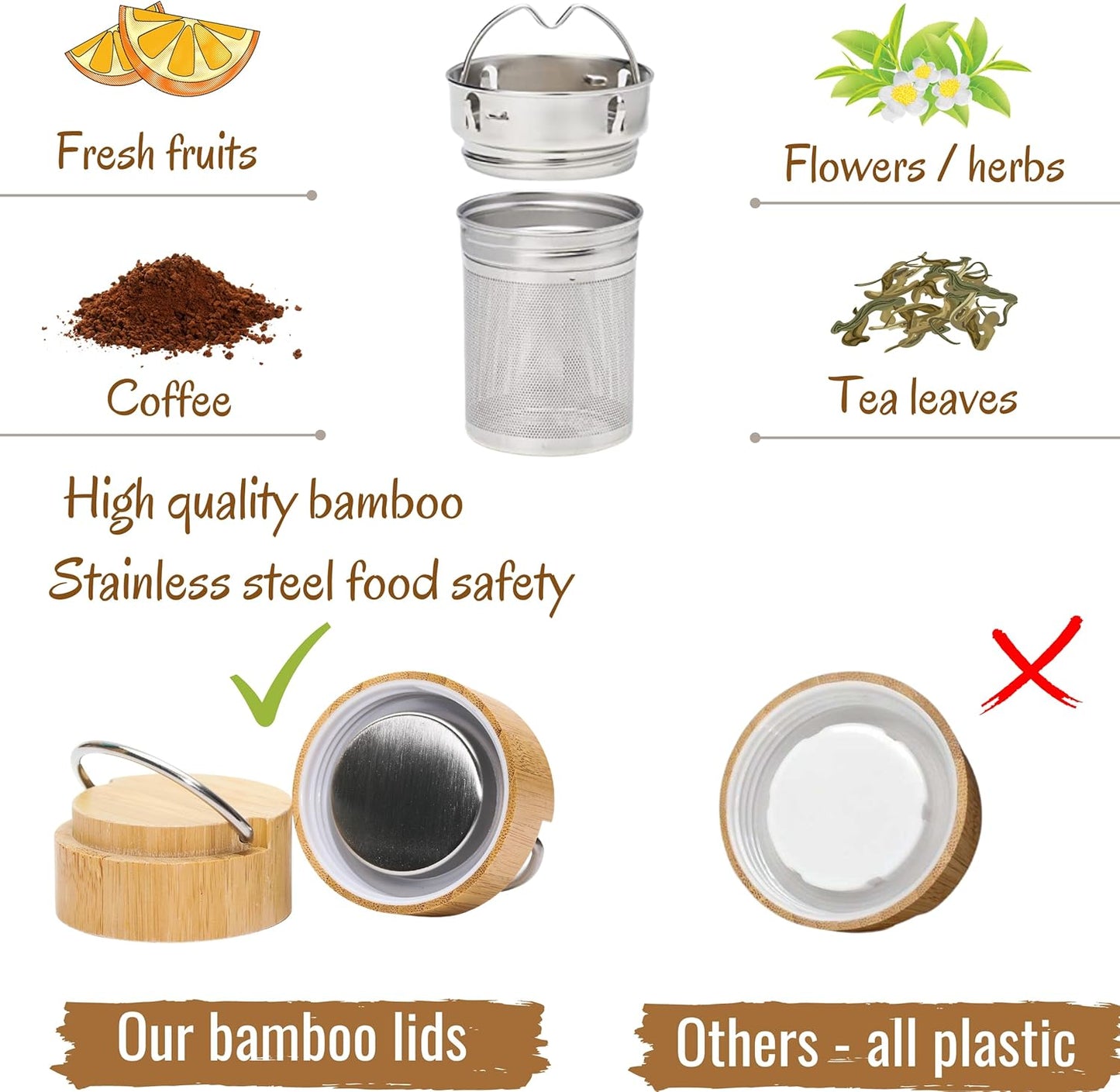Bamboo Water Bottle Insulated Tea Tumbler for Men Birthday Gift, Women Travel Tea Set with Diffuser for Loose Tea Leaves, Stainless Steel Leak Proof Gift for Mom (15 oz)