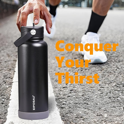 Insulated Water Bottle with Lid & Boot & Stickers, 24 oz Stainless Steel Sweat Free Bottle Keep Cold 24H, BPA-Free Sports Wide Mouth Water Bottle, BlueBlack