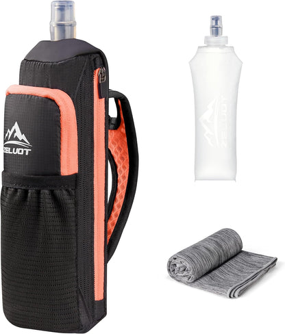 Zelvot Handheld Water Bottle Running, 17 oz Running Water Bottle Hand with Sport Towel and Phone Holder, BPA Free Hand Held Soft Flask with Adjustable Hydration Pack for Runners (Orange)