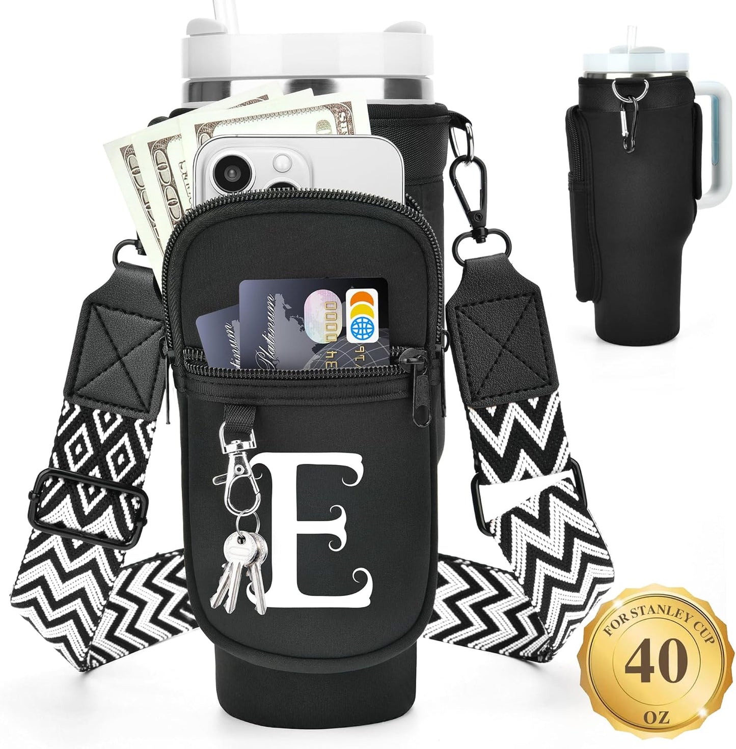 LOKASS Personalized Water Bottle Holder with Strap for Stanley Cup Accessories 40 oz, Initial for Stanley Cup Holder Carrier Bag with Phone Pocket, Stylish Tumbler Accessories for Daily Use Hands-Free