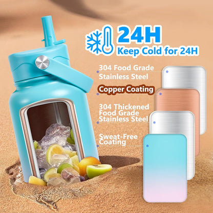 Insulated Water Bottle with Lid & Boot & Stickers, 24 oz Stainless Steel Sweat Free Bottle Keep Cold 24H, BPA-Free Sports Wide Mouth Water Bottle, BlueBlack