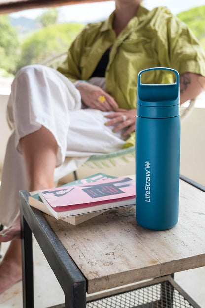 LifeStraw Go Series — Insulated Stainless Steel Water Filter Bottle for Travel and Everyday Use Removes Bacteria, Parasites and Microplastics, Improves Taste, 1L Aegan Sea