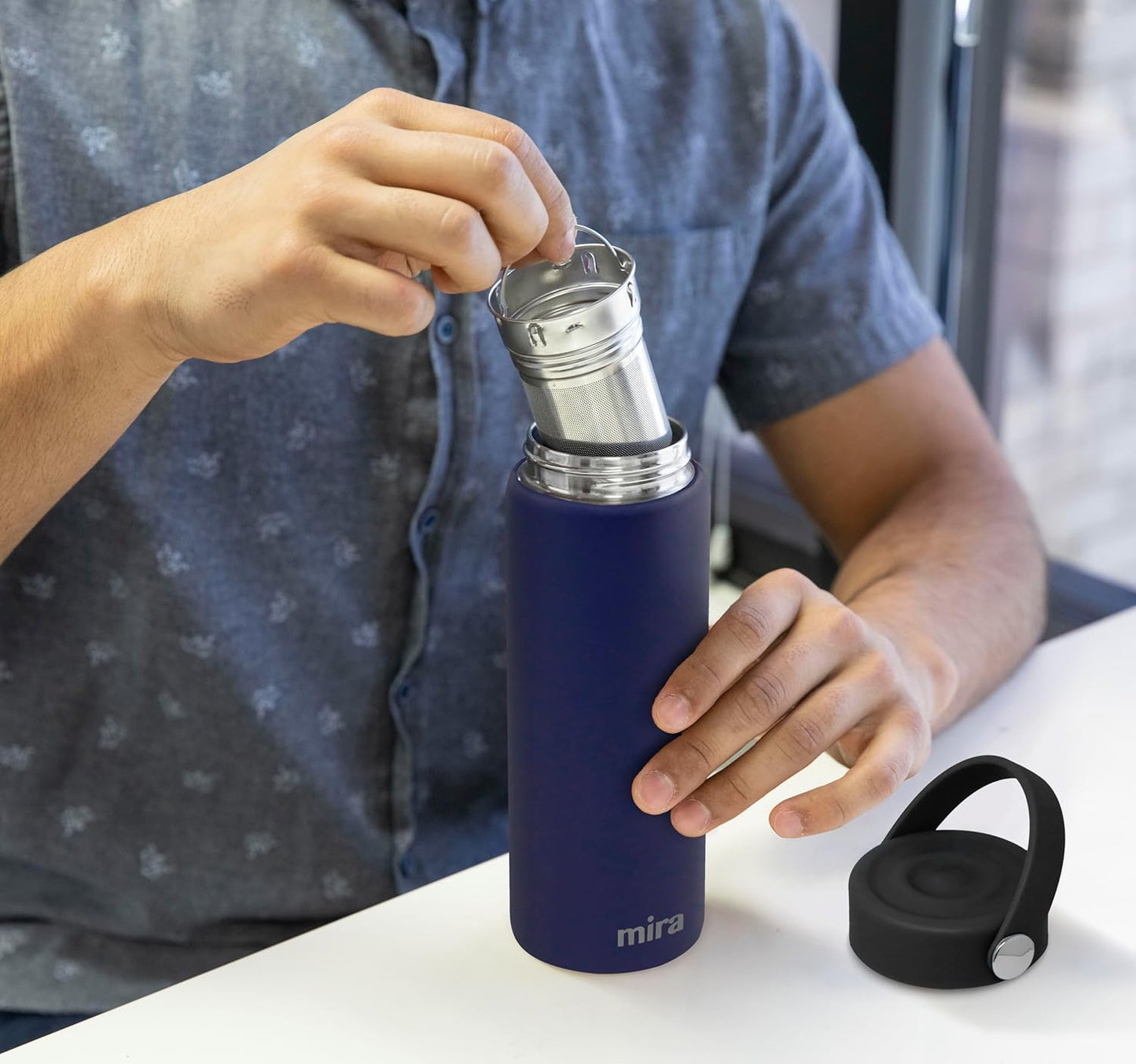 MIRA 18 oz Tea Infuser Thermo - Stainless Steel Travel Bottle with Removable Strainer for Loose Leaf Tea - Insulated Hot & Cold Brew Steeper - White