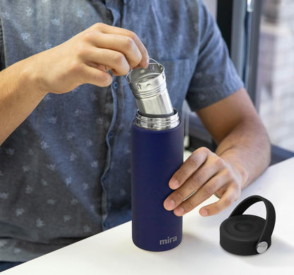 MIRA 18 oz Tea Infuser Thermo - Stainless Steel Travel Bottle with Removable Strainer for Loose Leaf Tea - Insulated Hot & Cold Brew Steeper - White