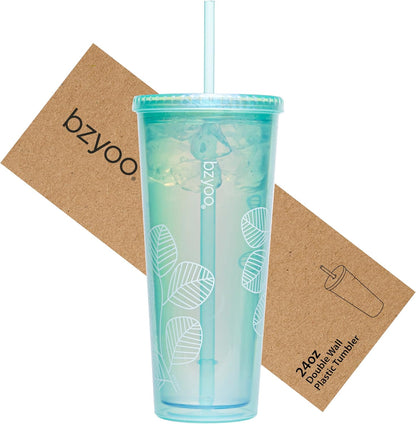 bzyoo SIP 24oz (710ml) Double Wall Plastic Tumbler with Lid and Straw Cold Drink Travel Mug Reusable Party Cup Perfect for Office Ice Coffee or Tea and Gift Color: Pink & Purple