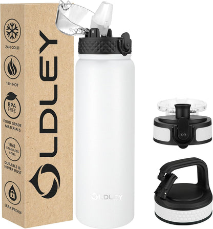 Oldley Insulated Water Bottle 20oz for Adults Kids Stainless Steel Water Bottles with Straw/Chug/Carabiner 3 Lids Fruit Strainer Double Wall Vacuum Wide Mouth BPA Free Leak-Proof for School Travel