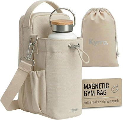 kyrra. Magnetic Gym Bag with Water Bottle Holder Crossbody Bag Strong Magnetic Attachment Fits 40oz Bottles Phone Pocket & Bonus Pouch Gym Accessories for Men and Women