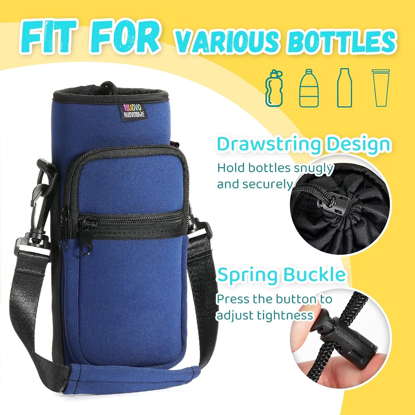 Nuovoware Water Bottle Carrier Bag,25oz/40oz/64oz Bottle Pouch Holder,Adjustable Shoulder Hand Strap 2 Pocket Sling Neoprene Sleeve Sports Accessories for Hiking Travelling Camping