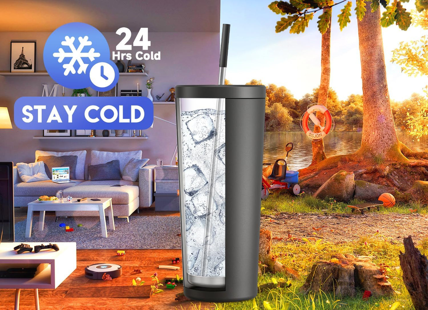 Meoky 24 oz Insulated Tumbler with Lid and Straw, Stainless Steel Vacuum Insulated Tumbler, Keeps Cold for 24 Hours, 100% Leak Proof, Fits in Car Cup Holder (Night)