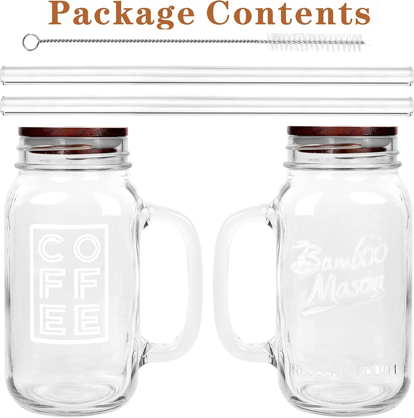 ANOTION Mason Jar Iced Coffee Cup with Lid and Straw, 24oz Regular Mouth Mason Jars with Handle Glass Coffee Drinking Glasses Tumbler Reusable Cups Bottles for Iced Coffee Cups for Travel Office Home