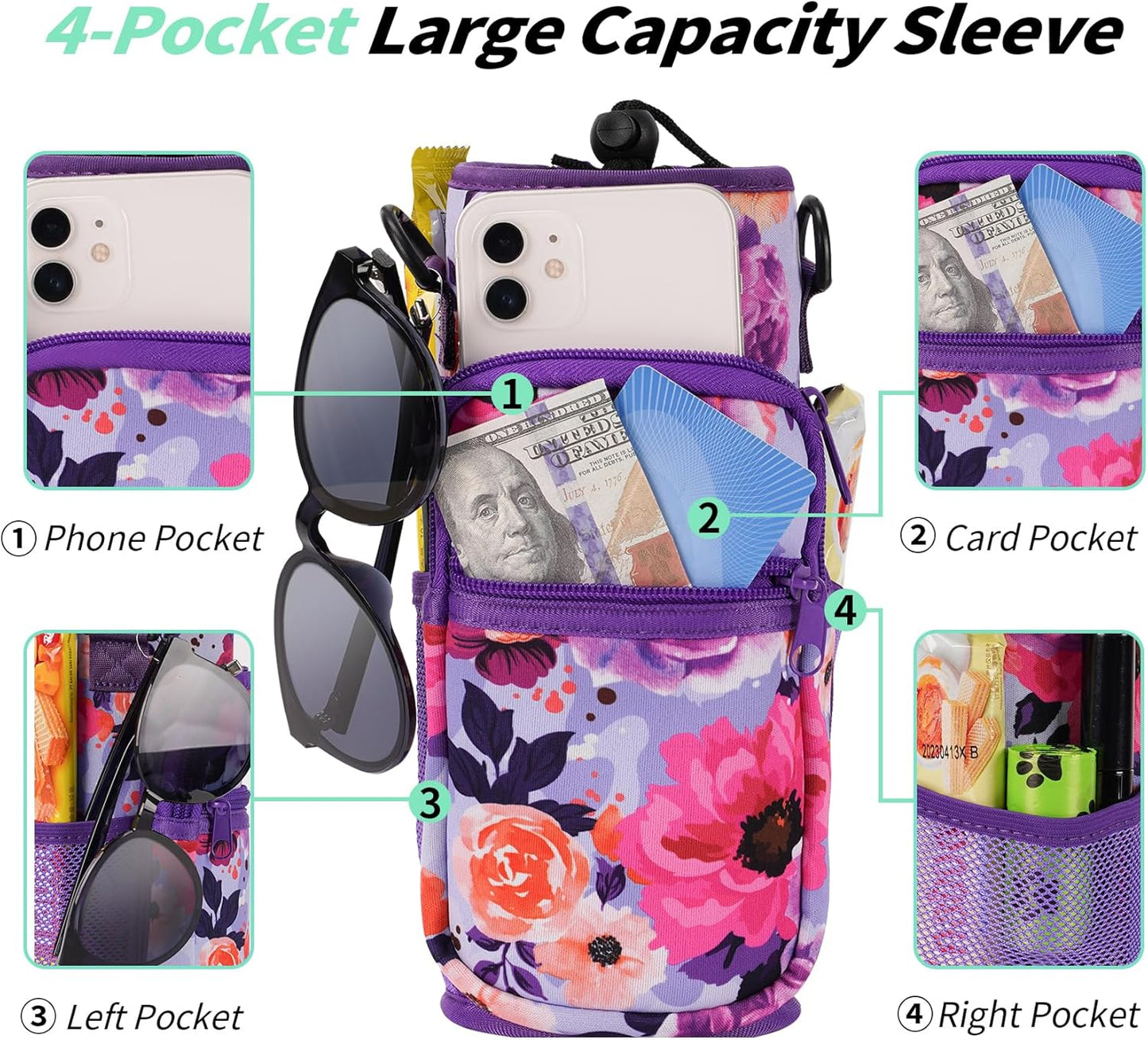 AceTreker 32/40/64/87/128 oz Water Bottle Carrier Bag, Neoprene Water Bottle Sleeve with 4 Pocket, Sport Water Holder with Paracord Handle and Shoulder Strap for Walking Hiking Camping Gym
