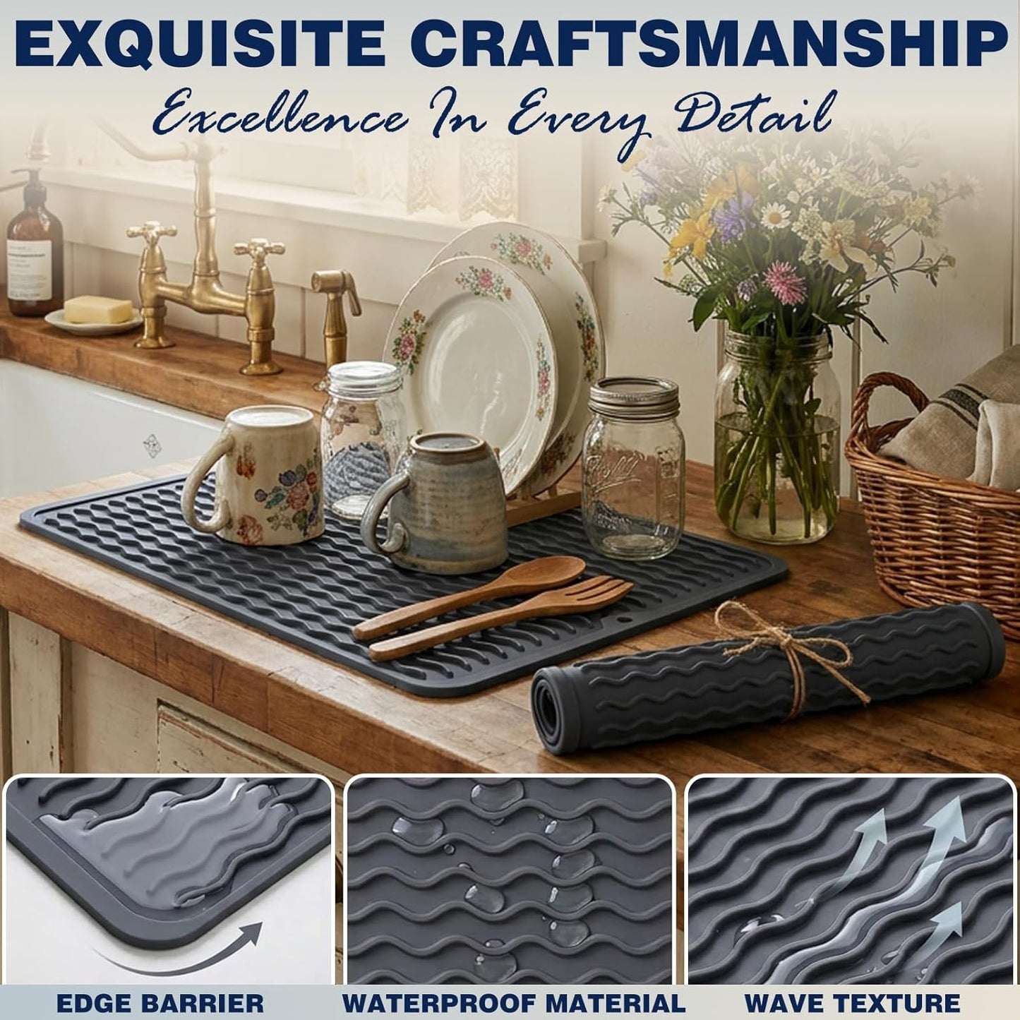 2 Pack Caketime Silicone Dish Drying Mat for Kitchen Counter Heat Resistant Under Sink Waterproof Coffee Bar Accessories Dining Rack Stone Utensil Holder Countertop Decor Must Haves 2026