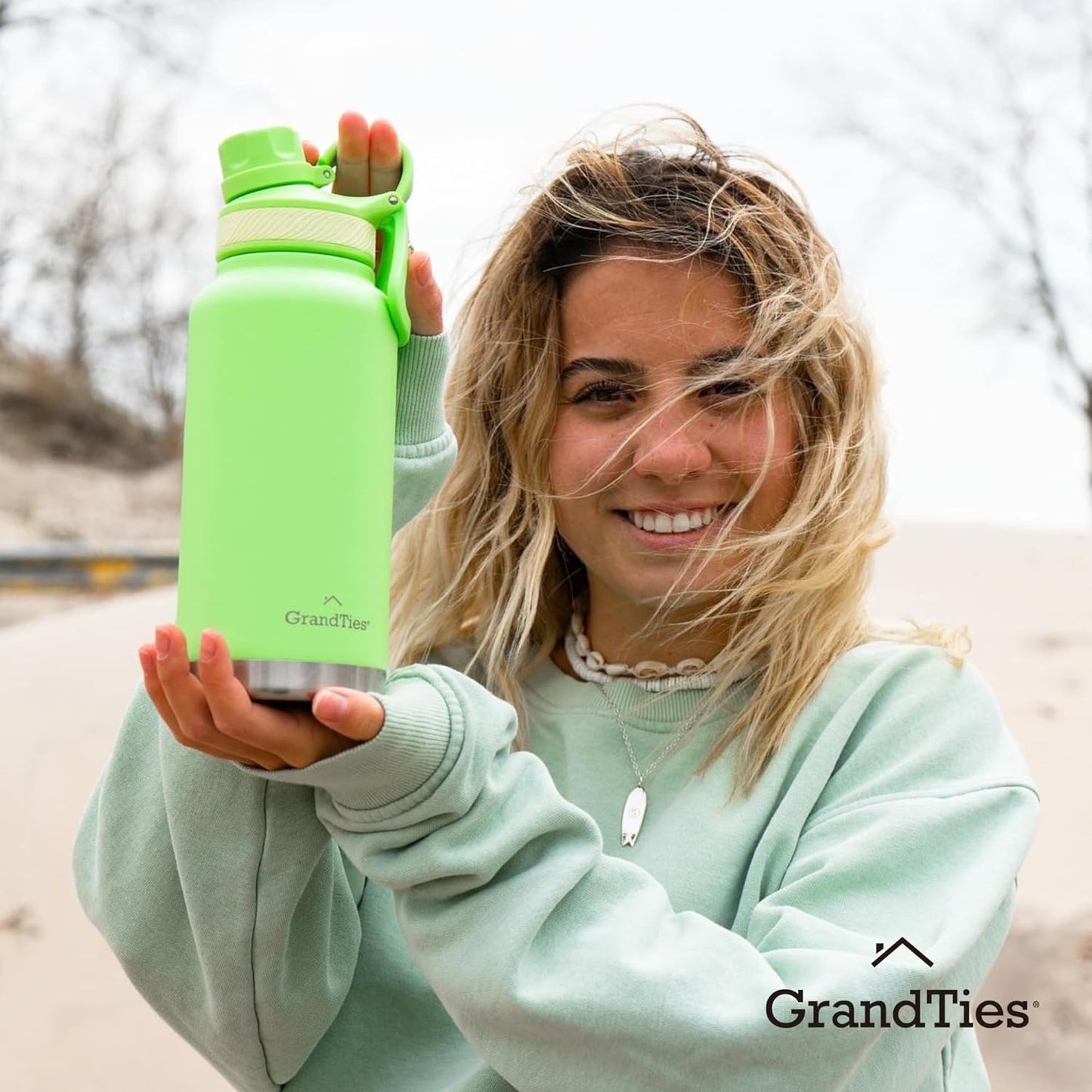 GRANDTIES 2 Lids Sports Stainless Steel Water Bottles – Wide Mouth Vacuum Insulated Reusable Leak Proof BPA-Free Travel Metal Canteen, Thermal Bottles for Men Women Gym (Ivory White 32 oz)