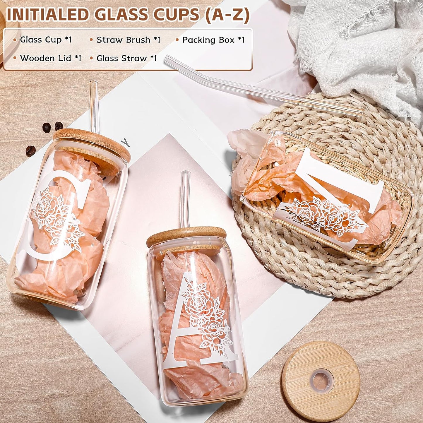Glass Cups with Lids and Straws: Personalized Initial Glass Cup Be Used As Reusable Iced Coffee Cups with Lids,Cute Matcha Tumbler - The Christmas/Birthday Gifts for Women - M Smoothie Cup