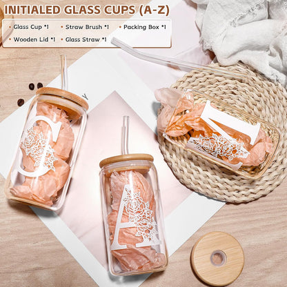 Glass Cups with Lids and Straws: Personalized Initial Glass Cup Be Used As Reusable Iced Coffee Cups with Lids,Cute Matcha Tumbler - The Christmas/Birthday Gifts for Women - M Smoothie Cup