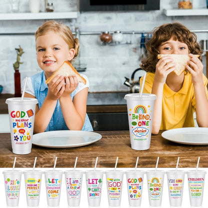 Uiifan 10 Pcs Christian Tumblers with Straws for Kids, Bible Verse Cups for VBS, Sunday School, Church Party Favors and Faith Gifts, Reusable Plastic Tumblers with Lids, 24 oz, White