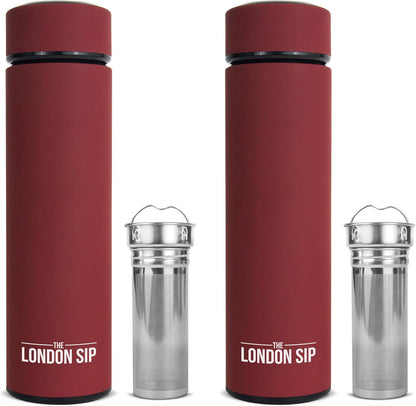 The London Sip Multi-Purpose Travel Mug and Tumbler Fruit Infused Flask Hot and Cold Double Wall Stainless Steel Thermos with Extra-Long Infuser, Purple