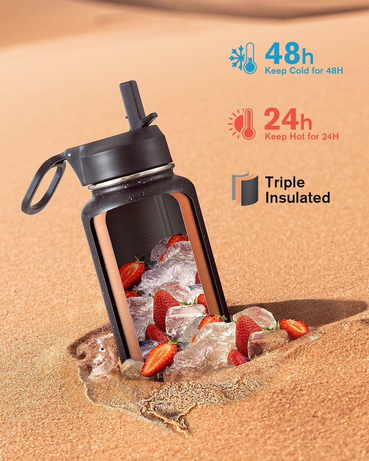 Half Gallon Water Bottle Insulated with Straw & 3 Lids, Coolflask 64 oz Water Jug Large Metal Stainless Steel Wide Mouth for Sports, Gym or Office, Non-BPA Keep Cold 48H Hot 24H, Samurai Cyan