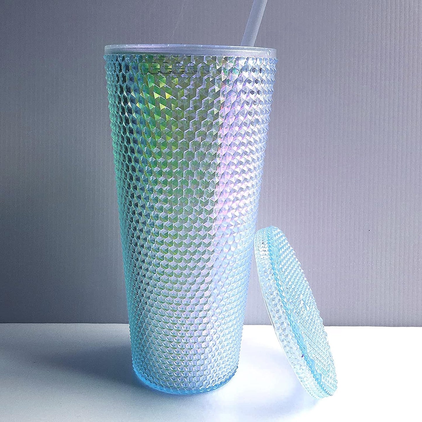 Studded Tumbler With Straw Tumblers With Lids And Straws Iridescent Blue Cups Water Cup With Straw And Lid BPA-Free Double-Wall Plastic for Iced Coffee Cups or Water 24 Oz