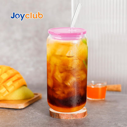 Joyclub 8pcs 16 oz Glass Cups with Acrylic Lids and Straws Can Shaped Iced Coffee Glasses Cute Tumbler Set Drinking Jars for Smoothie Soda Boba Beer Party Housewarming Gifts