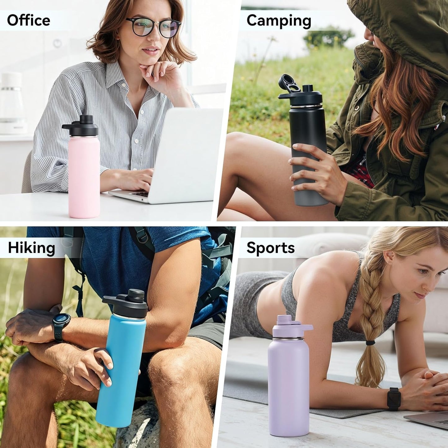 Fijinhom 24 oz Insulated Water Bottle with Handle, 304 Stainless Steel Water Bottles with Wide Mouth, Double Wall Vacuum Sports Water Bottle, BPA Free, Keep Cold and Hot, Black | with Handle