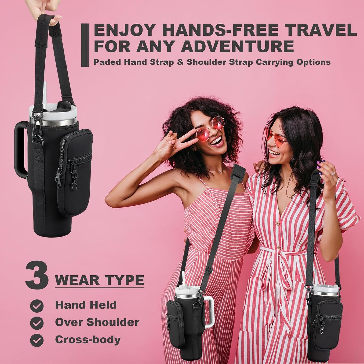 BULKITEM Water Bottle Carrier Bag with Phone Pocket for Stanley 40 & 30 oz Tumbler with Handle,Pink Insulated Neoprene Cup Holder Pouch w/Adjustable Strap for Quencher H2.0 Stanley Cup Accessories