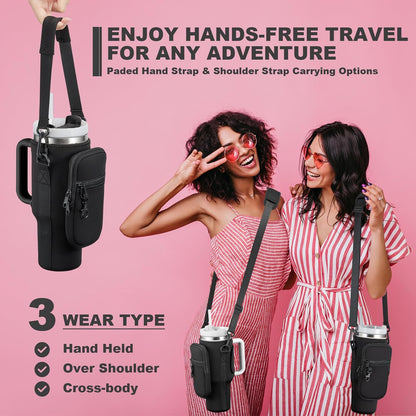 BULKITEM Water Bottle Carrier Bag with Phone Pocket for Stanley 40 & 30 oz Tumbler with Handle,Pink Insulated Neoprene Cup Holder Pouch w/Adjustable Strap for Quencher H2.0 Stanley Cup Accessories