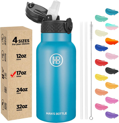 Han's Bottle Sports Water Bottle - 24 Oz, Straw Lid, Leak Proof, Vacuum Insulated Stainless Steel, Double Walled, Thermo Mug,Black