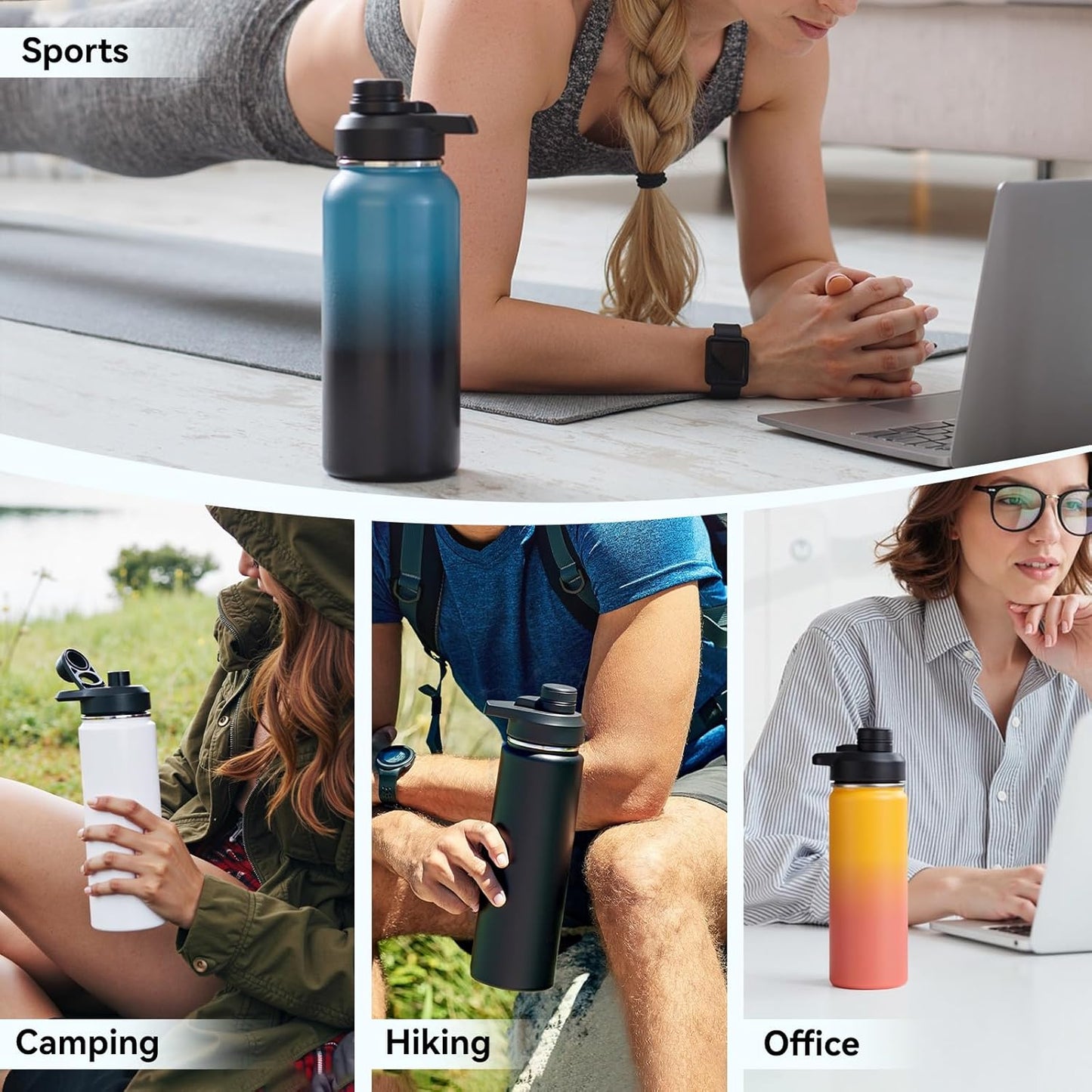 Fijinhom 24 oz Insulated Water Bottle with Handle, 304 Stainless Steel Water Bottles with Wide Mouth, Double Wall Vacuum Sports Water Bottle, BPA Free, Keep Cold and Hot, Black | with Handle