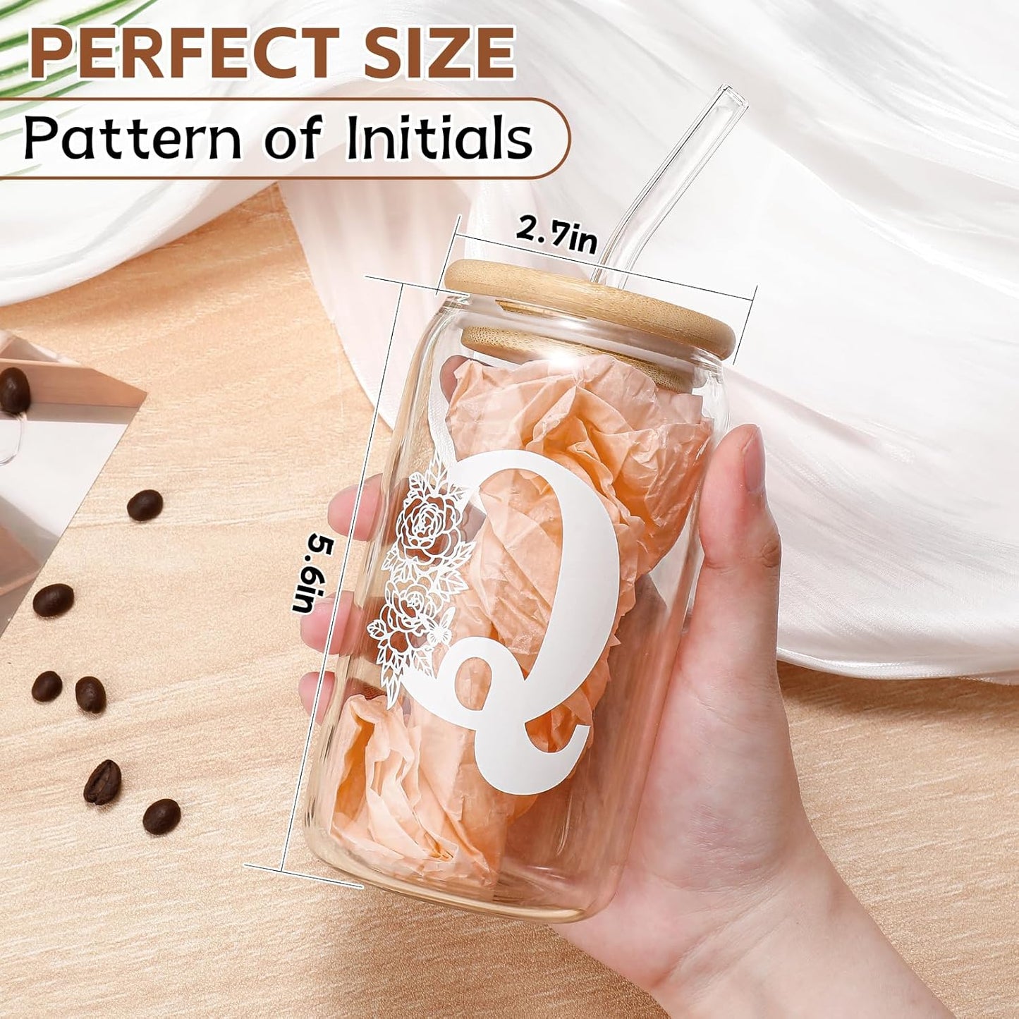 Glass Cups with Lids and Straws: Personalized Initial Glass Cup Be Used As Reusable Iced Coffee Cups with Lids,Cute Matcha Tumbler - The Christmas/Birthday Gifts for Women - M Smoothie Cup