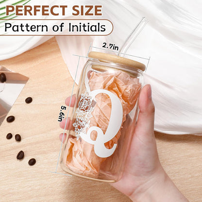 Glass Cups with Lids and Straws: Personalized Initial Glass Cup Be Used As Reusable Iced Coffee Cups with Lids,Cute Matcha Tumbler - The Christmas/Birthday Gifts for Women - M Smoothie Cup