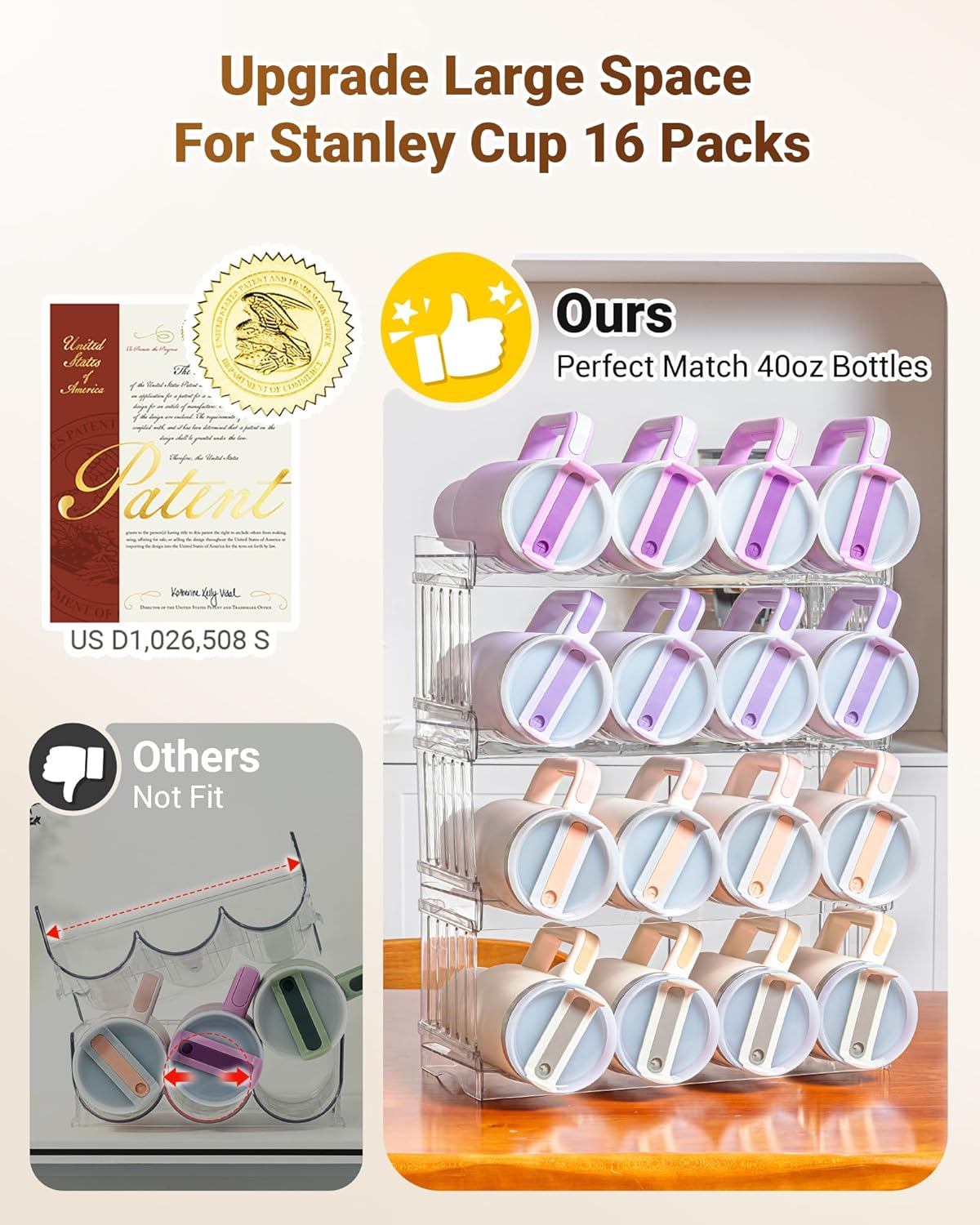 Gracenal Large Tumbler Organizer for Stanley Cup 40 oz, Patented Kitchen Pantry Organizers and Storage for Stanley Cup Accessories, Stackable Water Bottle Organizer Holder Gifts 4Pack Large-12-bottle