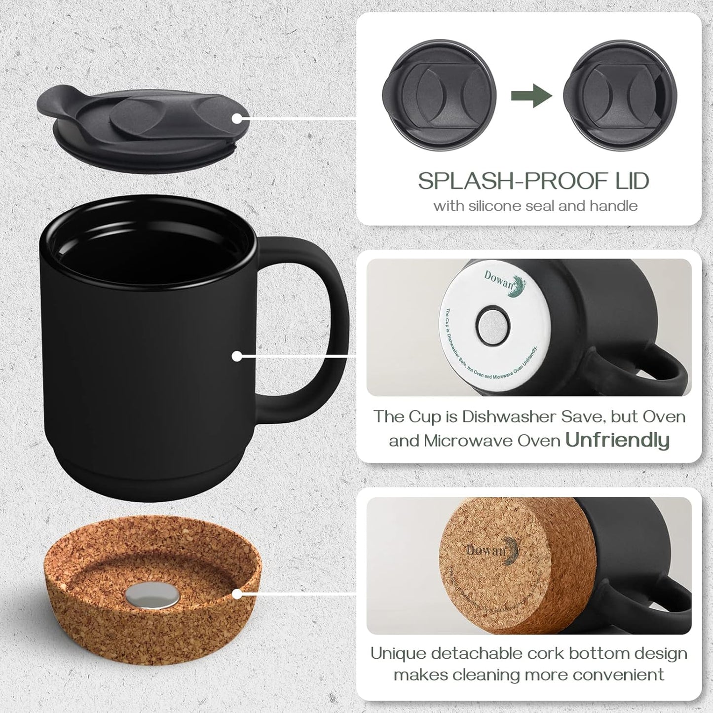 DOWAN Coffee Mugs, 15 oz Mug Set of 2, Large Ceramic Coffee Mug with Cork Bottom and Spill Proof Lid for Mom Dad, Big Mug for Latte Tea, Matte Grey