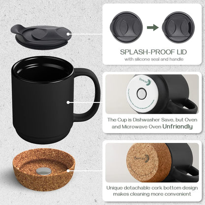 DOWAN Coffee Mugs, 15 oz Mug Set of 2, Large Ceramic Coffee Mug with Cork Bottom and Spill Proof Lid for Mom Dad, Big Mug for Latte Tea, Matte Grey
