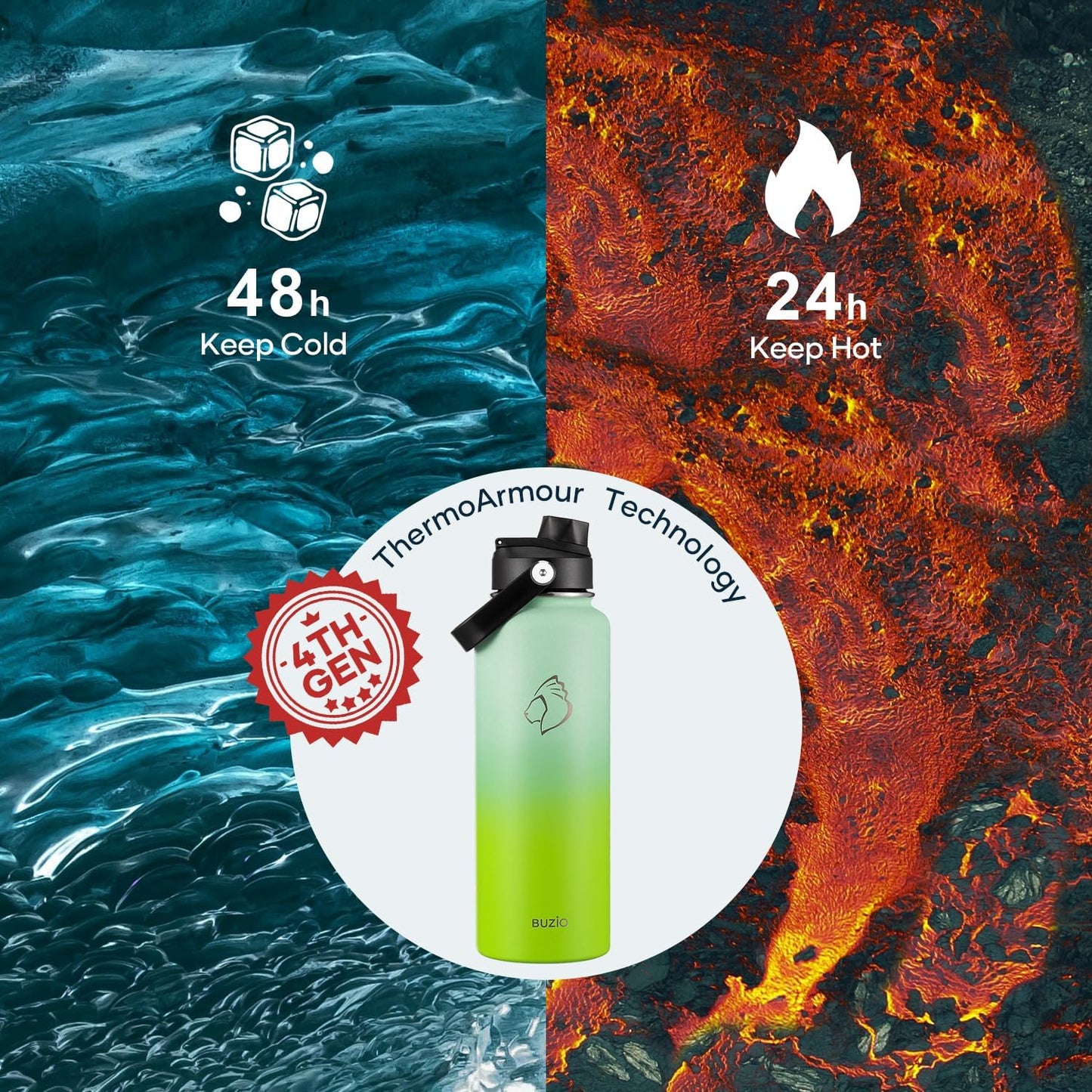 BUZIO 40oz Insulated Water Bottle, Triple Wall Vacuum Stainless Steel Water Flask with 2 lids, Lead-Free BPA-Free Straw Lid Sports Canteen Jug, Cold 48H & Hot 24H- Black - Colors A