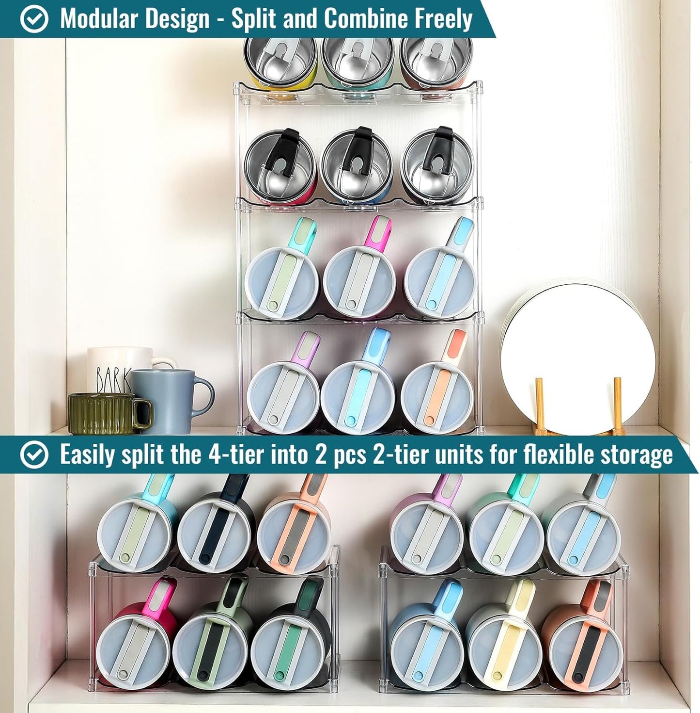 Design for Stanley 40 OZ & Large Bottles & Tumblers with Handle - Acrylic Water Bottle Organizer - Stackable Clear Wine Rack Cup Holder for Home Kitchen Pantry Shelf Countertop Cabinet, 4 Tier Hold 16