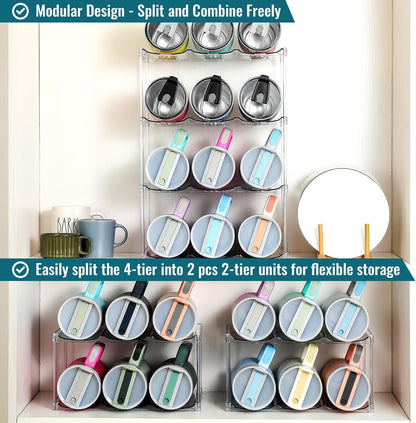 Design for Stanley 40 OZ & Large Bottles & Tumblers with Handle - Acrylic Water Bottle Organizer - Stackable Clear Wine Rack Cup Holder for Home Kitchen Pantry Shelf Countertop Cabinet, 4 Tier Hold 16