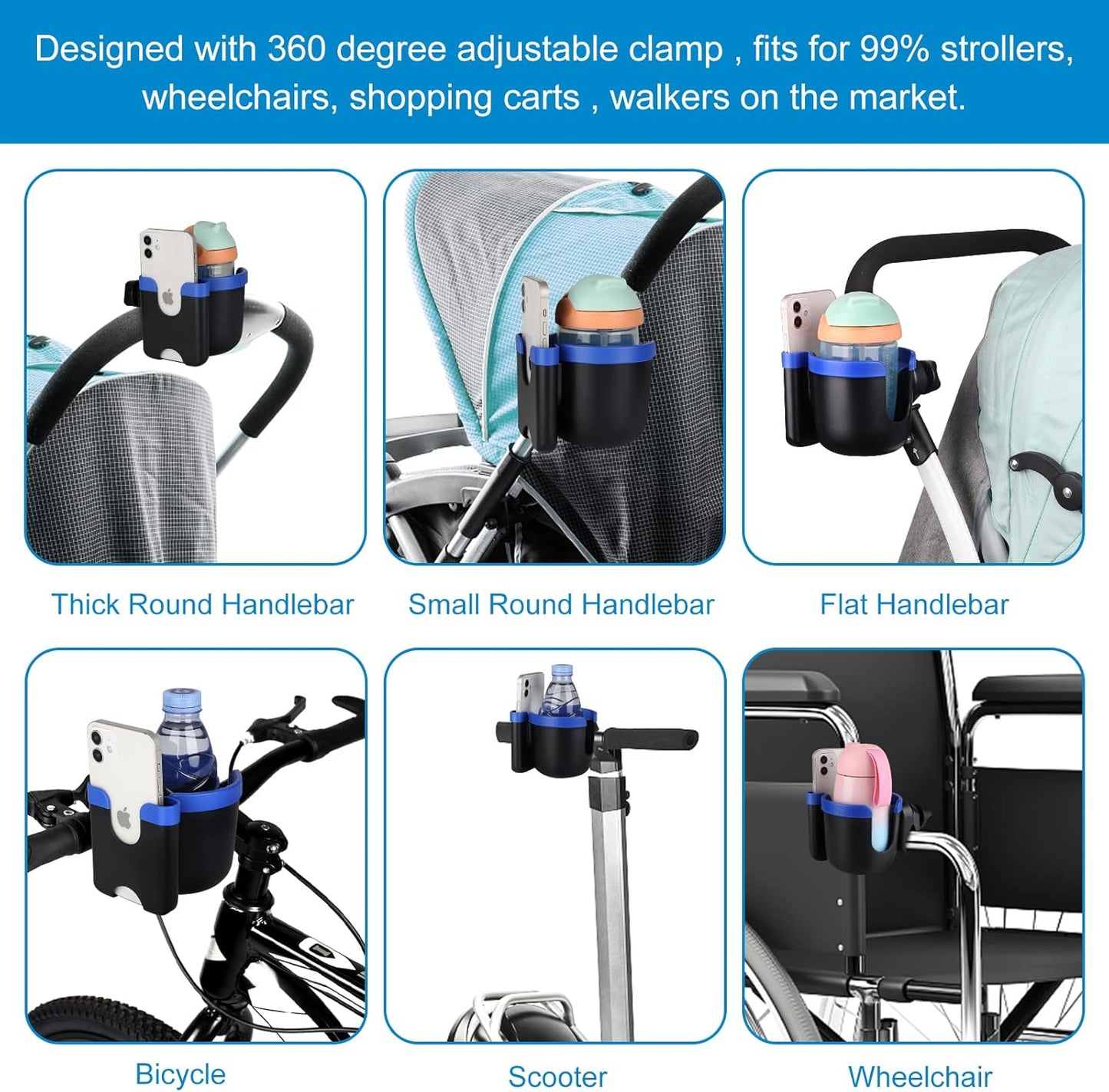 Accmor Stroller Cup Holder with Phone Holder, Bike Cup Holder, Universal Cup Holder for Uppababy Nuna Doona Strollers, 2-in-1 Cup Holder for Walker, Wheelchair, Scooter - Colors A